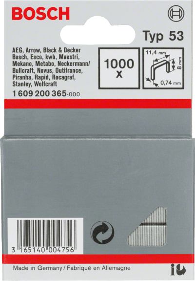 Staple, Type 53 11,4 X 0,74 X 8 mm, 1000 Piece Staple, Type 53 11,4 X 0,74 X 8 mm, 1000 Piece