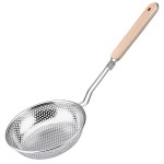 SourceDirect-Stainless Steel Perforated Skimmer Strainer with Wooden Handle SourceDirect-Stainless Steel Perforated Skimmer Strainer with Wooden Handle
