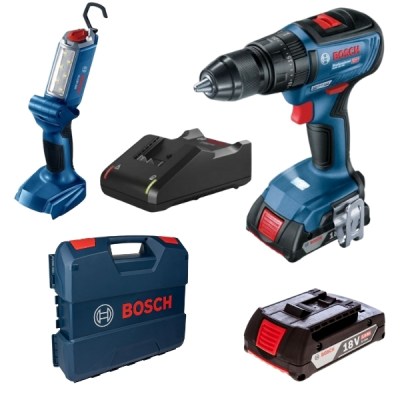 Bosch – Cordless Impact Drill, 2 x 2.0Ah, Charger & Cordless Jobsite Light Bosch – Cordless Impact Drill, 2 x 2.0Ah, Charger & Cordless Jobsite Light