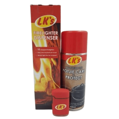 Potjie care & Protect, 10 block Firelighter Dispenser & LK’s Lighter Potjie care & Protect, 10 block Firelighter Dispenser & LK’s Lighter