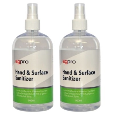 Agpro – Hand and Surface Sanitizer / 75% Alc Spray – Pack of 2 (500ml x 2) Agpro – Hand and Surface Sanitizer / 75% Alc Spray – Pack of 2 (500ml x 2)