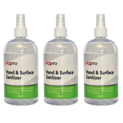 Agpro – Hand and Surface Sanitizer / 75% Alc Spray – Pack of 3 (500ml x 3) Agpro – Hand and Surface Sanitizer / 75% Alc Spray – Pack of 3 (500ml x 3)