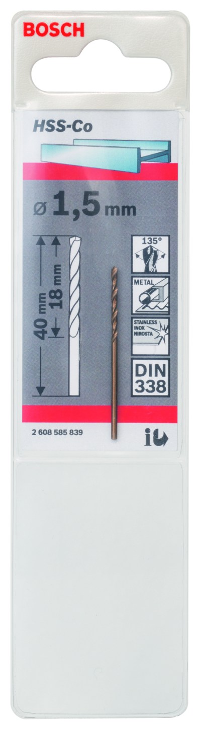 HSS-Co Metal Drill Bits, DIN 338 1,5 x 18 x 40 mm HSS-Co Metal Drill Bits, DIN 338 1,5 x 18 x 40 mm