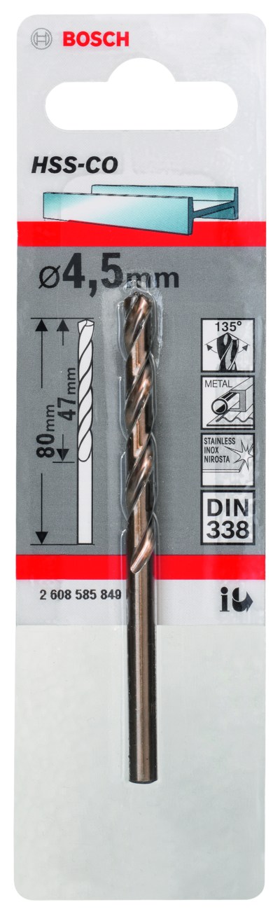 HSS-Co Metal Drill Bits, DIN 338 4,5 x 47 x 80 mm HSS-Co Metal Drill Bits, DIN 338 4,5 x 47 x 80 mm