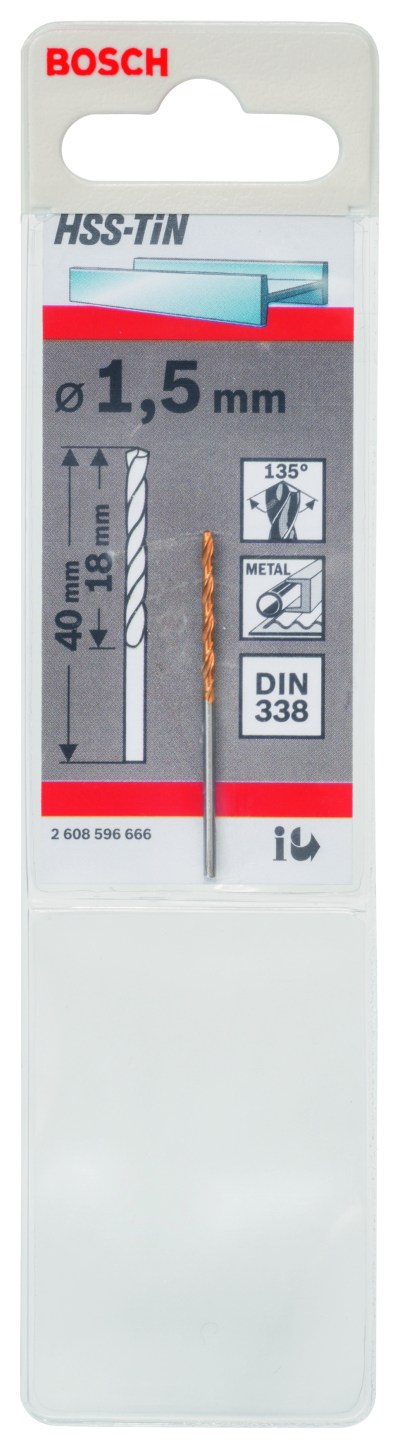 HSS-TiN Metal Drill Bits, DIN 338 1,5 x 18 x 40 mm HSS-TiN Metal Drill Bits, DIN 338 1,5 x 18 x 40 mm