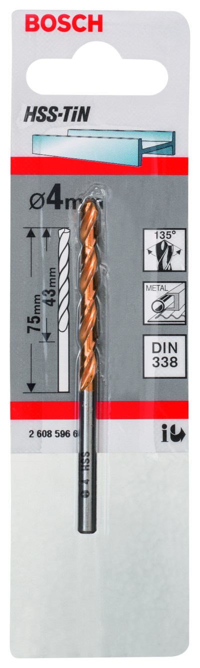 HSS-TiN Metal Drill Bits, DIN 338 4 x 43 x 75 mm HSS-TiN Metal Drill Bits, DIN 338 4 x 43 x 75 mm