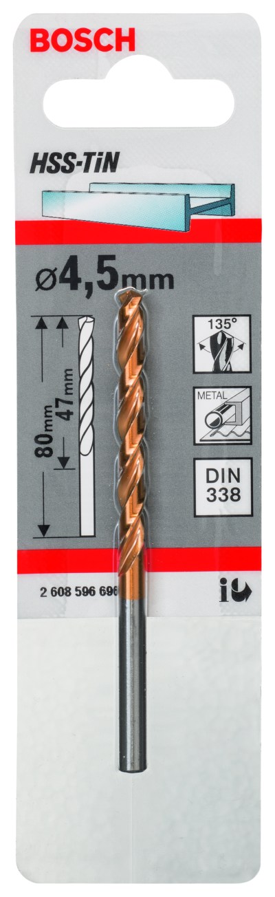 HSS-TiN Metal Drill Bits, DIN 338 4,5 x 47 x 80 mm HSS-TiN Metal Drill Bits, DIN 338 4,5 x 47 x 80 mm