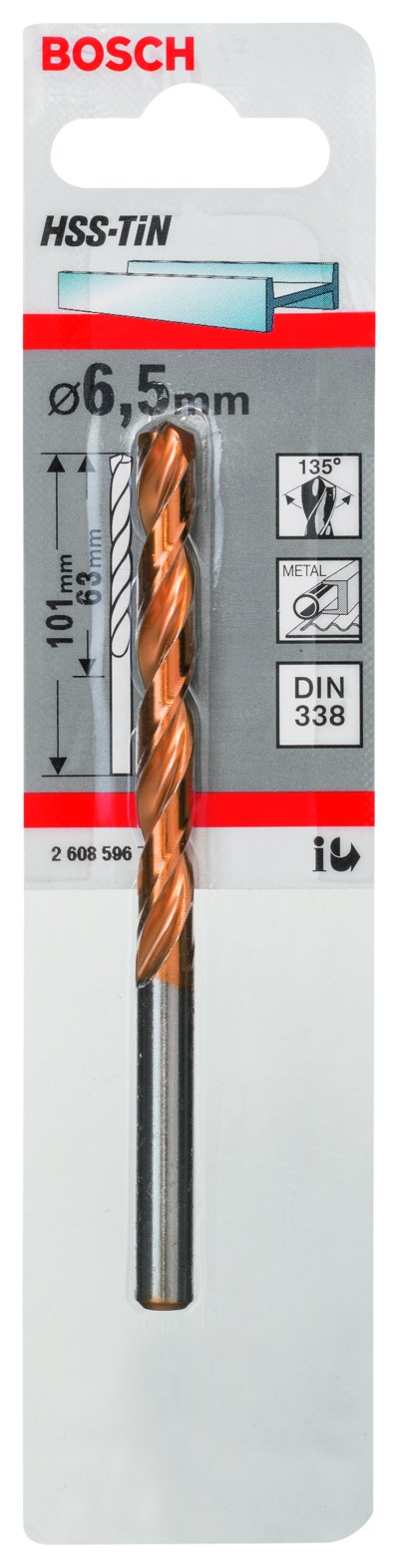 HSS-TiN Metal Drill Bits, DIN 338 6,5 x 63 x 101 mm HSS-TiN Metal Drill Bits, DIN 338 6,5 x 63 x 101 mm