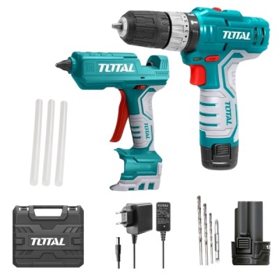 Total – 12V Impact Drill Combo Kit with 12V Glue Gun and 3 x Glue Sticks Total – 12V Impact Drill Combo Kit with 12V Glue Gun and 3 x Glue Sticks