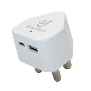 PowerUp 20W Dual Port Type C & USB 3 Prong Wall Charger – White PowerUp 20W Dual Port Type C & USB 3 Prong Wall Charger – White