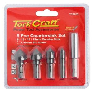 Tork Craft – Countersink Set Carbon with C/W Hex Shank Adaptor – 5 Piece Tork Craft – Countersink Set Carbon with C/W Hex Shank Adaptor – 5 Piece