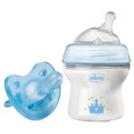 Chicco – Natural Feeling Baby Bottle 150ml and Micro Soother – Blue Chicco – Natural Feeling Baby Bottle 150ml and Micro Soother – Blue