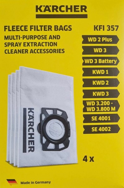 Kärcher 4 Piece Fleece Bags for WD 2, 3 & SE 4001, 2 Boxes Kärcher 4 Piece Fleece Bags for WD 2, 3 & SE 4001, 2 Boxes