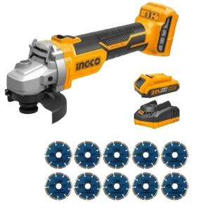 Ingco – Lithium-Ion Angle Grinder Combo Kit with 10pc Diamond Blades 115mm Ingco – Lithium-Ion Angle Grinder Combo Kit with 10pc Diamond Blades 115mm