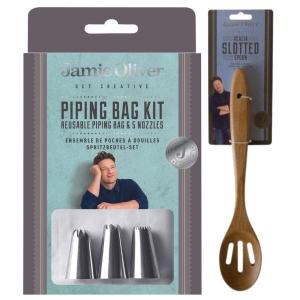 Jamie Oliver – Icing/Piping Bag & Nozzles with Acacia Slotted Wooden Spoon Jamie Oliver – Icing/Piping Bag & Nozzles with Acacia Slotted Wooden Spoon