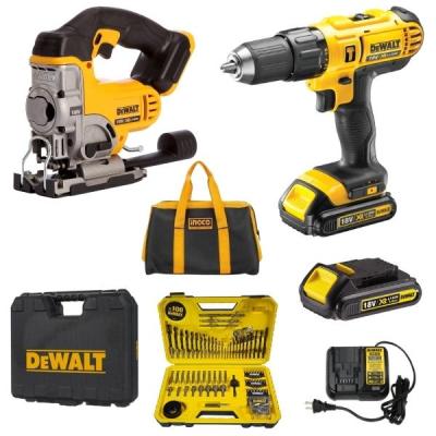 Dewalt – Cordless Hammer Drill Kit, Cordless Jigsaw and 100 Piece Accessories Dewalt – Cordless Hammer Drill Kit, Cordless Jigsaw and 100 Piece Accessories