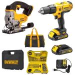 Dewalt – Cordless Hammer Drill Kit, Cordless Jigsaw and 100 Piece Accessories Dewalt – Cordless Hammer Drill Kit, Cordless Jigsaw and 100 Piece Accessories