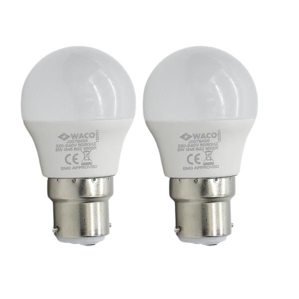 Waco – LED Lamp Golf Ball / G45 B22 3500K – Warm White – 5W Pack of 2 Waco – LED Lamp Golf Ball / G45 B22 3500K – Warm White – 5W Pack of 2