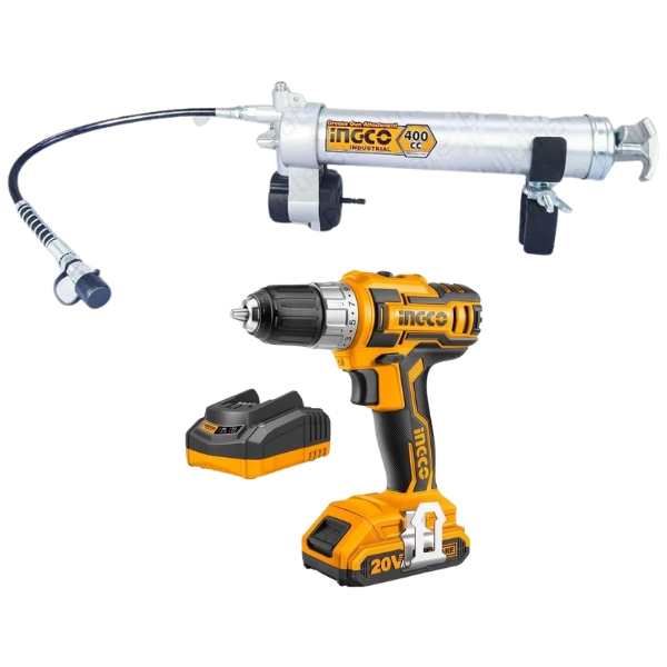 Ingco-Grease Gun Attachment With Cordless Drill, Charger and Battery Combo Ingco-Grease Gun Attachment With Cordless Drill, Charger and Battery Combo