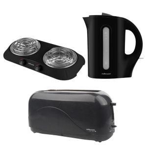 Mellerware – Double Hotplate, 1.7L Corded Kettle & 4 Slice Toaster – Black Mellerware – Double Hotplate, 1.7L Corded Kettle & 4 Slice Toaster – Black