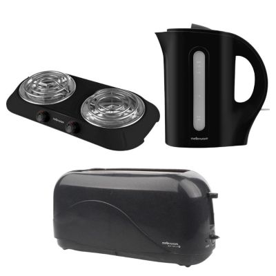 Mellerware – Double Hotplate, 1.7L Corded Kettle & 4 Slice Toaster – Black Mellerware – Double Hotplate, 1.7L Corded Kettle & 4 Slice Toaster – Black