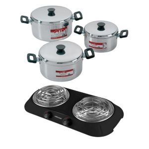 Oli – Polished Aluminium Pot Set – 6 Piece with Hotplate Spiral Plate-Black Oli – Polished Aluminium Pot Set – 6 Piece with Hotplate Spiral Plate-Black