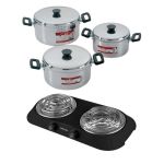 Oli – Polished Aluminium Pot Set – 6 Piece with Hotplate Spiral Plate-Black Oli – Polished Aluminium Pot Set – 6 Piece with Hotplate Spiral Plate-Black