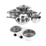 Xcalibur – Stainless Steel Cookware Set – 9 Piece with Hotplate – White Xcalibur – Stainless Steel Cookware Set – 9 Piece with Hotplate – White