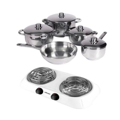 Xcalibur – Stainless Steel Cookware Set – 9 Piece with Hotplate – White Xcalibur – Stainless Steel Cookware Set – 9 Piece with Hotplate – White