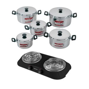 Oli – Polished Aluminium Stewpan Set) – 10 Piece with Hotplate – Black Oli – Polished Aluminium Stewpan Set) – 10 Piece with Hotplate – Black