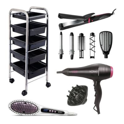 Solac – 7in1 Hair Styler, Hot Brush, Hair Dryer & 5 Tier Salon Trolley Solac – 7in1 Hair Styler, Hot Brush, Hair Dryer & 5 Tier Salon Trolley