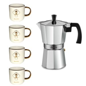 Decakila – Moka Espresso Pot- 6 Cups/300ml & Ceramic Mugs 330ml – Pack of 4 Decakila – Moka Espresso Pot- 6 Cups/300ml & Ceramic Mugs 330ml – Pack of 4