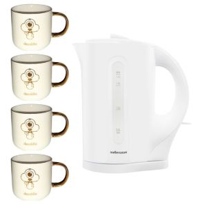 Mellerware -1.7L Cordless Plastic Kettle &Ceramic Mugs 330ml – Pack of 4 Mellerware -1.7L Cordless Plastic Kettle &Ceramic Mugs 330ml – Pack of 4