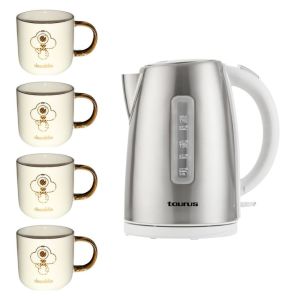 Taurus -Cordless Stainless Steel 1.7L Kettle & Ceramic Mugs 330ml-Pack of 4 Taurus -Cordless Stainless Steel 1.7L Kettle & Ceramic Mugs 330ml-Pack of 4