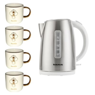 Taurus -Cordless Stainless Steel 1.7L Kettle & Ceramic Mugs 330ml-Pack of 4 Taurus -Cordless Stainless Steel 1.7L Kettle & Ceramic Mugs 330ml-Pack of 4