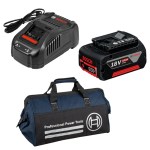 Bosch – Quick Charger and Battery Pack GBA 18V 4.0Ah in Tool Bag Bosch – Quick Charger and Battery Pack GBA 18V 4.0Ah in Tool Bag