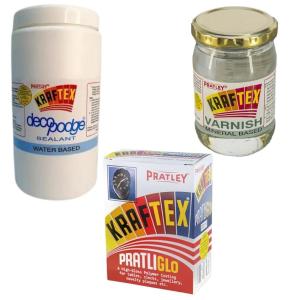 Pratley – Kraftex Decopodge(1L), Mineral Based Varnish and Pratliglo Pratley – Kraftex Decopodge(1L), Mineral Based Varnish and Pratliglo
