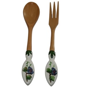 Wooden Spoon and Fork Server with Porcelain Handle Wooden Spoon and Fork Server with Porcelain Handle