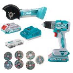 Total – Cordless Drill with Mini Cut-off Tool 2 x 2Ah Battery and Charger Total – Cordless Drill with Mini Cut-off Tool 2 x 2Ah Battery and Charger