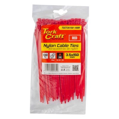Tork Craft – Nylon Cable Ties 3.5mm X 150mm Red – 100 Pieces Tork Craft – Nylon Cable Ties 3.5mm X 150mm Red – 100 Pieces