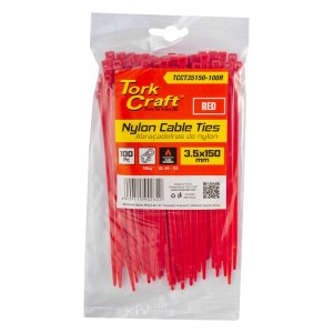 Tork Craft – Nylon Cable Ties 3.5mm X 150mm Red – 100 Pieces Tork Craft – Nylon Cable Ties 3.5mm X 150mm Red – 100 Pieces