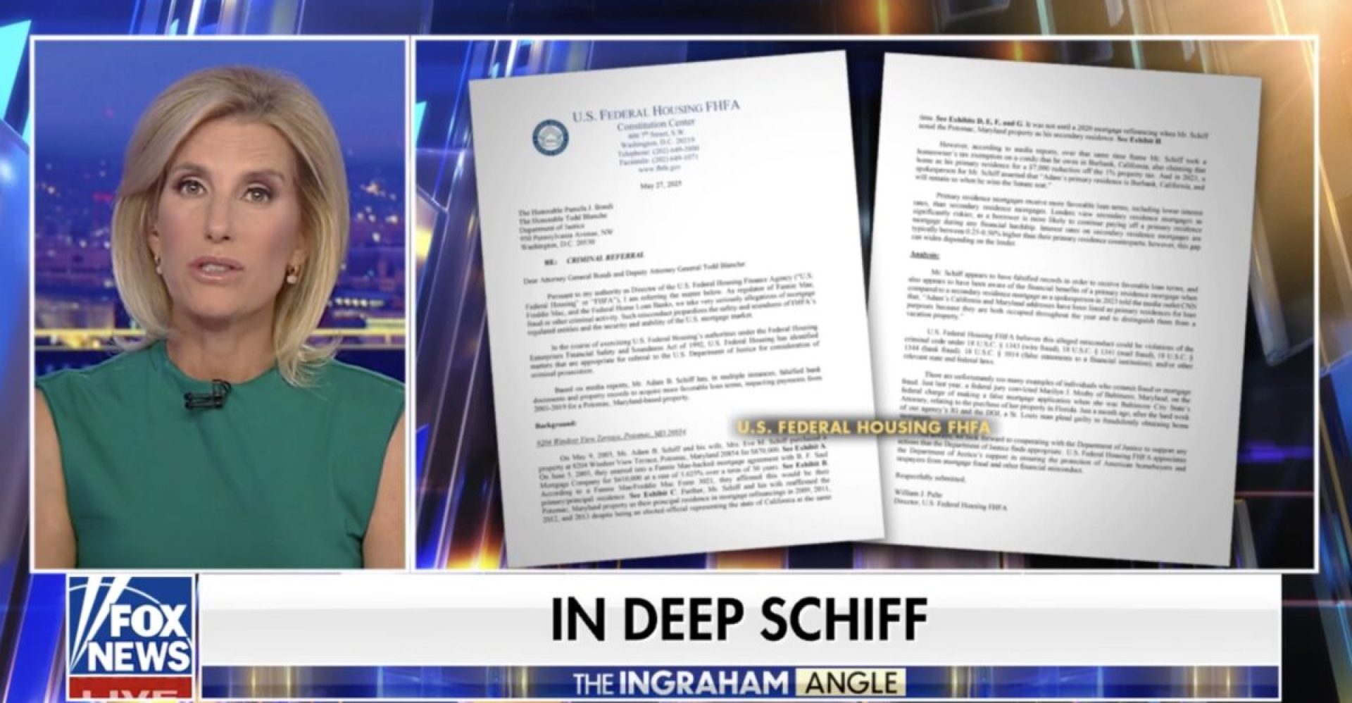 Laura Ingraham Obtains Criminal Referral on Adam Schiff — Shocking Allegations of Mortgage Fraud and Falsified Bank Records Revealed Laura Ingraham Obtains Criminal Referral on Adam Schiff — Shocking Allegations of Mortgage Fraud and Falsified Bank Records Revealed