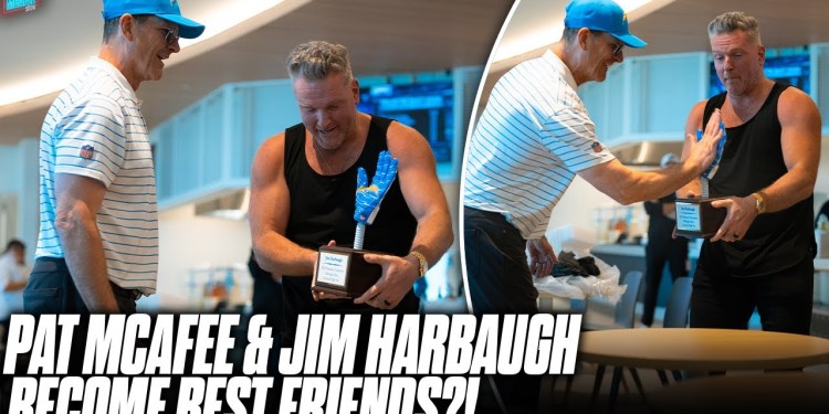 Pat McAfee Toured Chargers Facility, Gifted Jim Harbaugh A “Best High Fiver” Trophy Pat McAfee Toured Chargers Facility, Gifted Jim Harbaugh A “Best High Fiver” Trophy