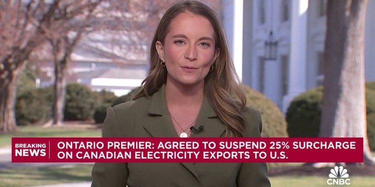 Ontario Premier agrees to suspend 25% surcharge on Canadian electricity exports to the U.S. Ontario Premier agrees to suspend 25% surcharge on Canadian electricity exports to the U.S.