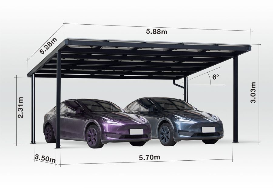 Carport Singular, Aluminium mit Solardach für 2 PKW, beidseitig Glasmodule, Modulleistung 440 W, 15 Module pro Carport, Caportmaße 5878 mm (B) x 3035 mm (H) x 5272 mm (T) Carport Singular, Aluminium mit Solardach für 2 PKW, beidseitig Glasmodule, Modulleistung 440 W, 15 Module pro Carport, Caportmaße 5878 mm (B) x 3035 mm (H) x 5272 mm (T)