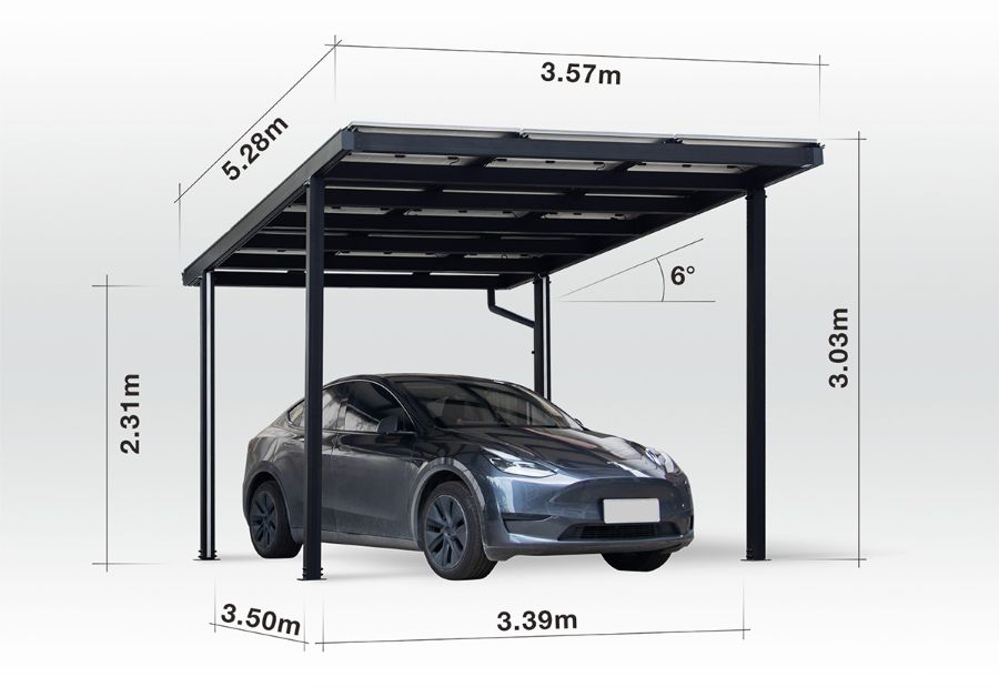 Carport Singular, Aluminium mit Solardach für 1 PKW, beidseitig Glasmodule, Modulleistung 440 W, 9 Module pro Carport, Caportmaße 3571 mm (B) x 3040 mm (H) x 5268 mm (T) Carport Singular, Aluminium mit Solardach für 1 PKW, beidseitig Glasmodule, Modulleistung 440 W, 9 Module pro Carport, Caportmaße 3571 mm (B) x 3040 mm (H) x 5268 mm (T)