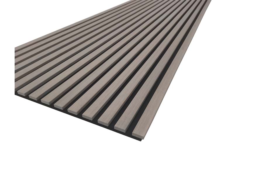 Akustikpaneele, schallabsorbierend, Bambus geölt, grau, auf schwarzem Filz, 18 x 605 mm in der Länge 2,7 m Akustikpaneele, schallabsorbierend, Bambus geölt, grau, auf schwarzem Filz, 18 x 605 mm in der Länge 2,7 m