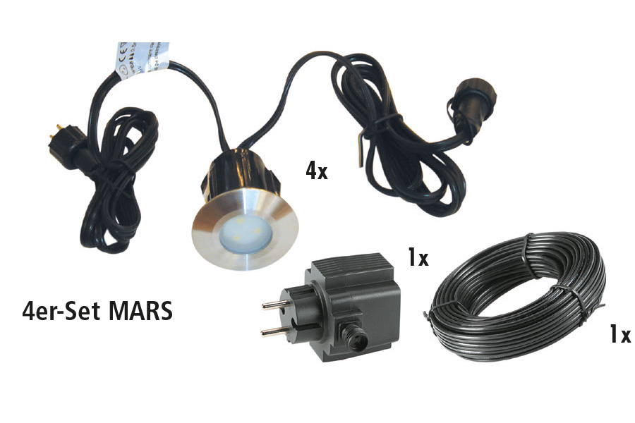 Komplettset Einbauleuchte MARS - 4er Set = 4 x Mars + Kabel 10 m + Trafo Komplettset Einbauleuchte MARS - 4er Set = 4 x Mars + Kabel 10 m + Trafo