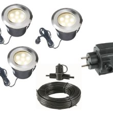 Komplettset Einbauleuchte ASTRA - 3er Set = 3 x Astra + Hauptkabel 10 m (4 Anschlüsse) + Trafo Komplettset Einbauleuchte ASTRA - 3er Set = 3 x Astra + Hauptkabel 10 m (4 Anschlüsse) + Trafo