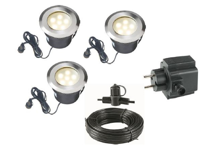 Komplettset Einbauleuchte ASTRA - 3er Set = 3 x Astra + Hauptkabel 10 m (4 Anschlüsse) + Trafo Komplettset Einbauleuchte ASTRA - 3er Set = 3 x Astra + Hauptkabel 10 m (4 Anschlüsse) + Trafo